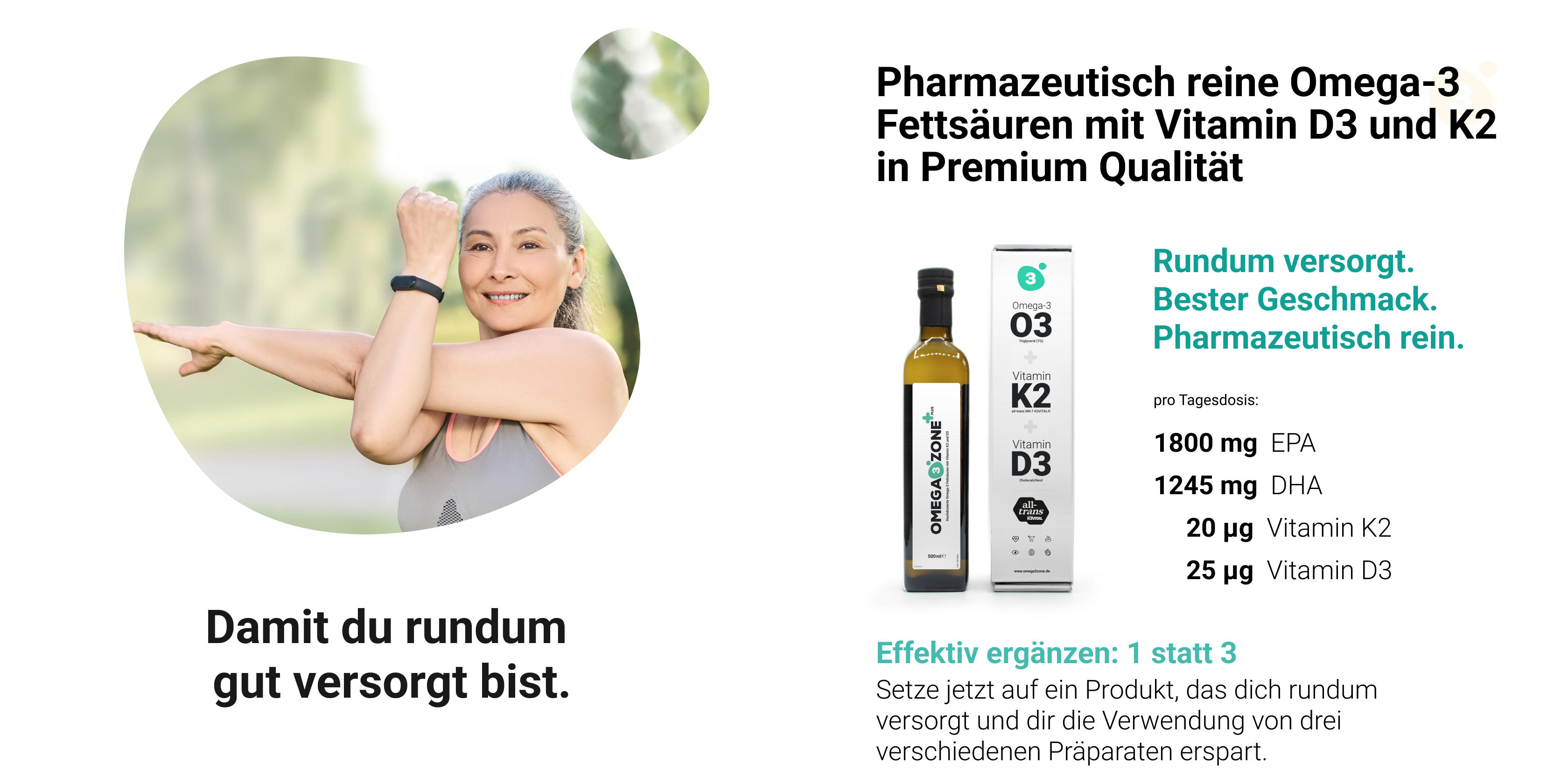 Eine lächelnde Frau mit erhobenen Armen und einer Flasche Omega3zone PLUS-Öl in der Hand.