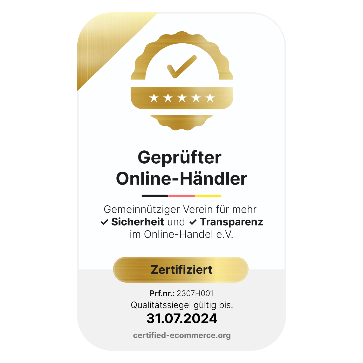 Eine Goldmedaille mit einem goldenen Stern darauf, auf dem "Geprüfter Online-Handler" steht.