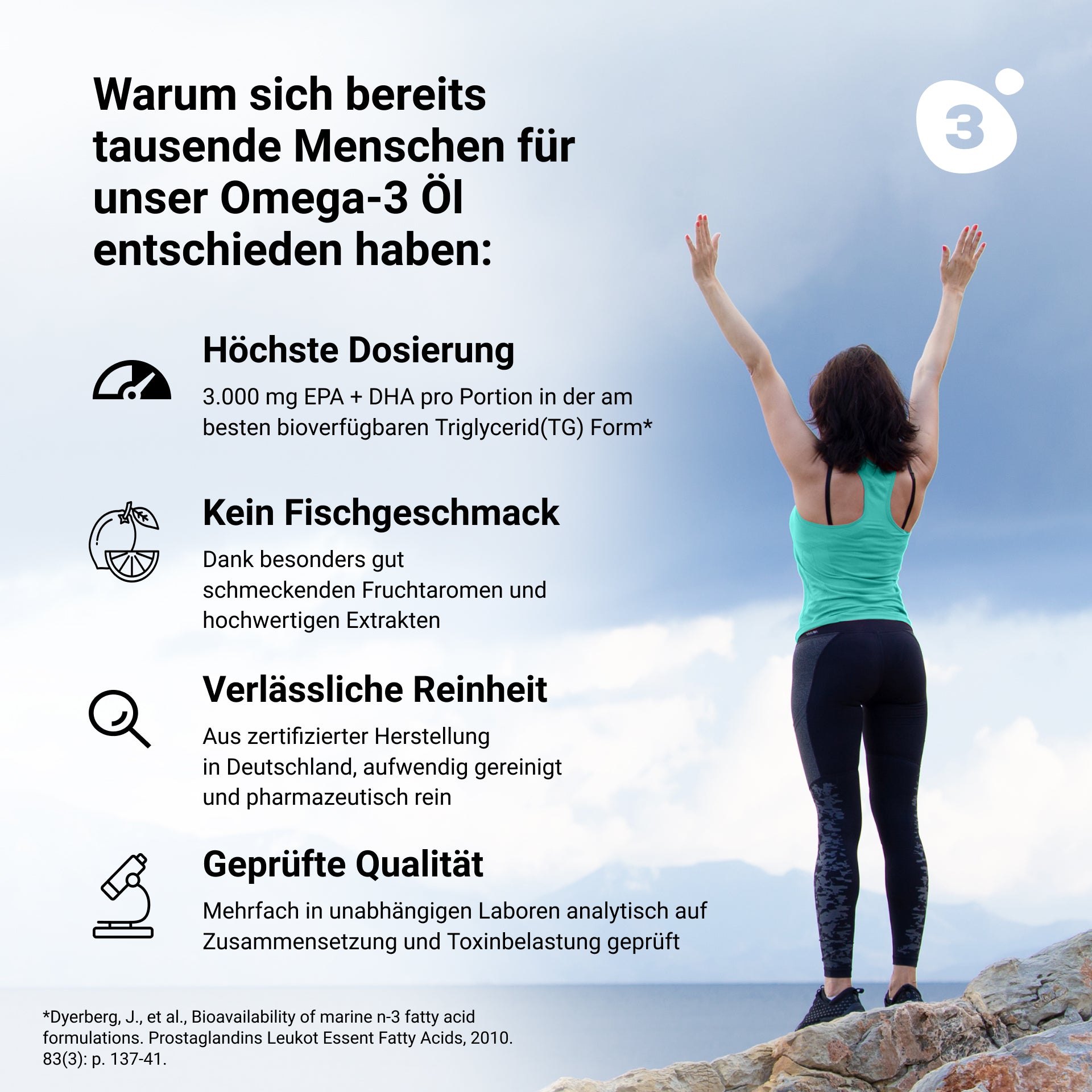 Eine Frau steht mit erhobenen Armen auf einem Felsen und fühlt sich durch omega3zone PLUS der omega3zone GmbH gestärkt.