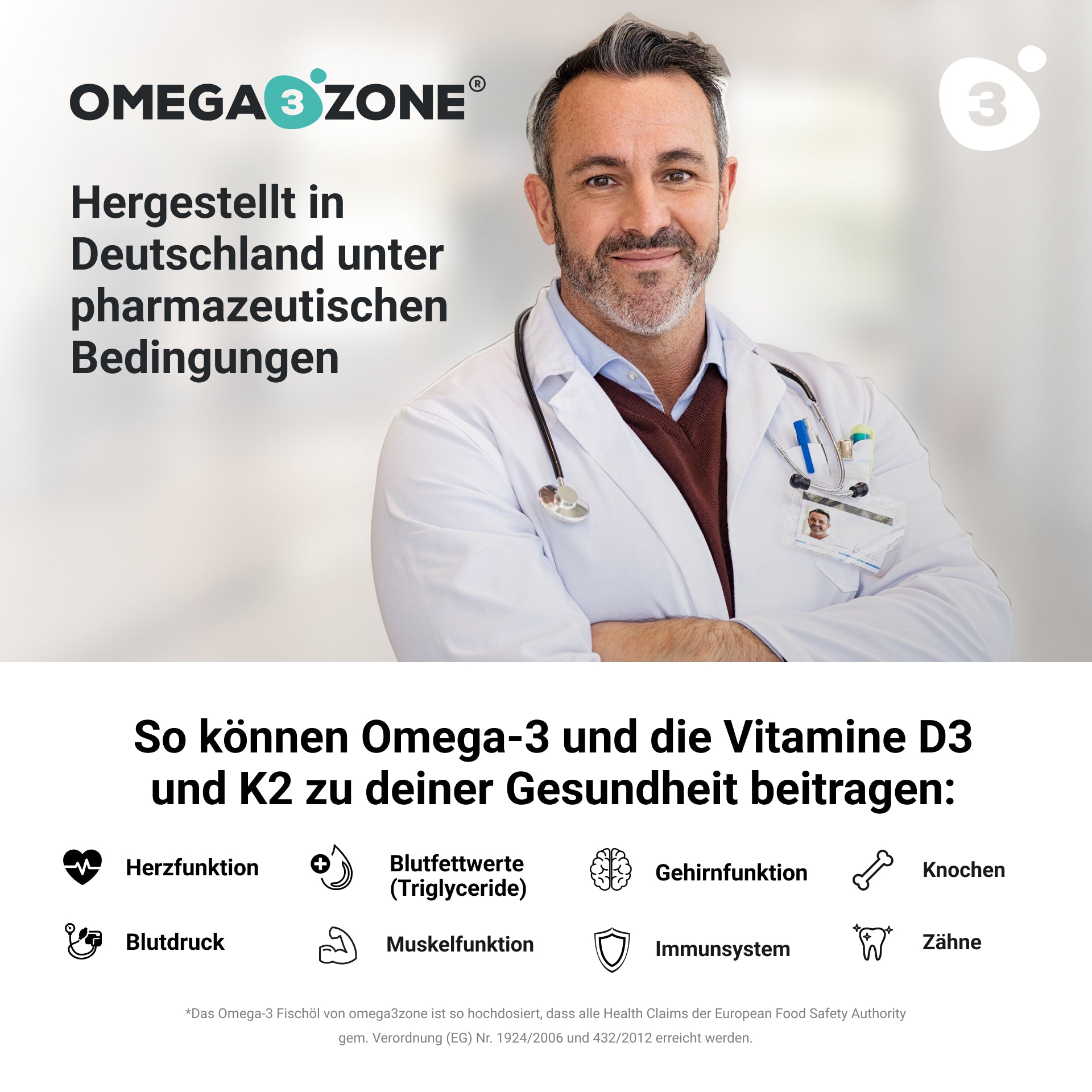 Ein Mann mit Stethoskop um den Hals für omega3zone PLUS der omega3zone GmbH.