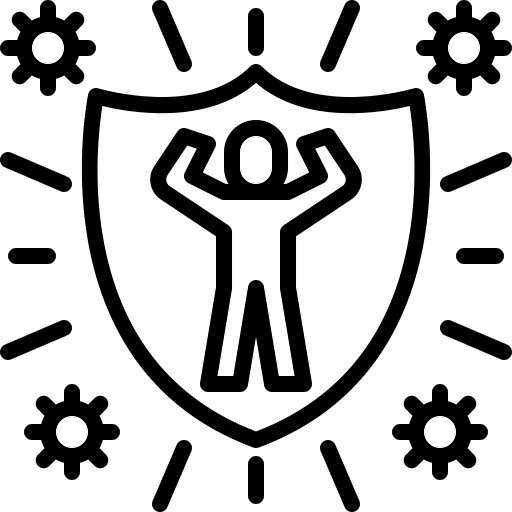 Ein schwarzes Symbol mit einem Schutzschild und einem Menschen darauf