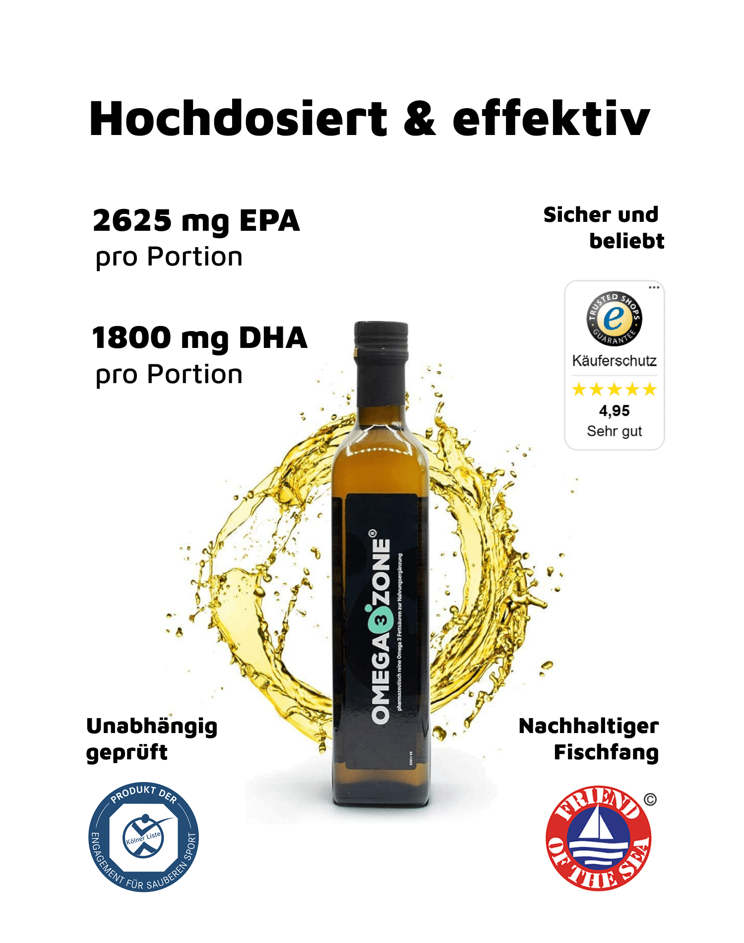 Eine Flasche Omega 3 Öl von omega3zone mit einem Etikett mit der Aufschrift „Hochdosiert und Effektiv"