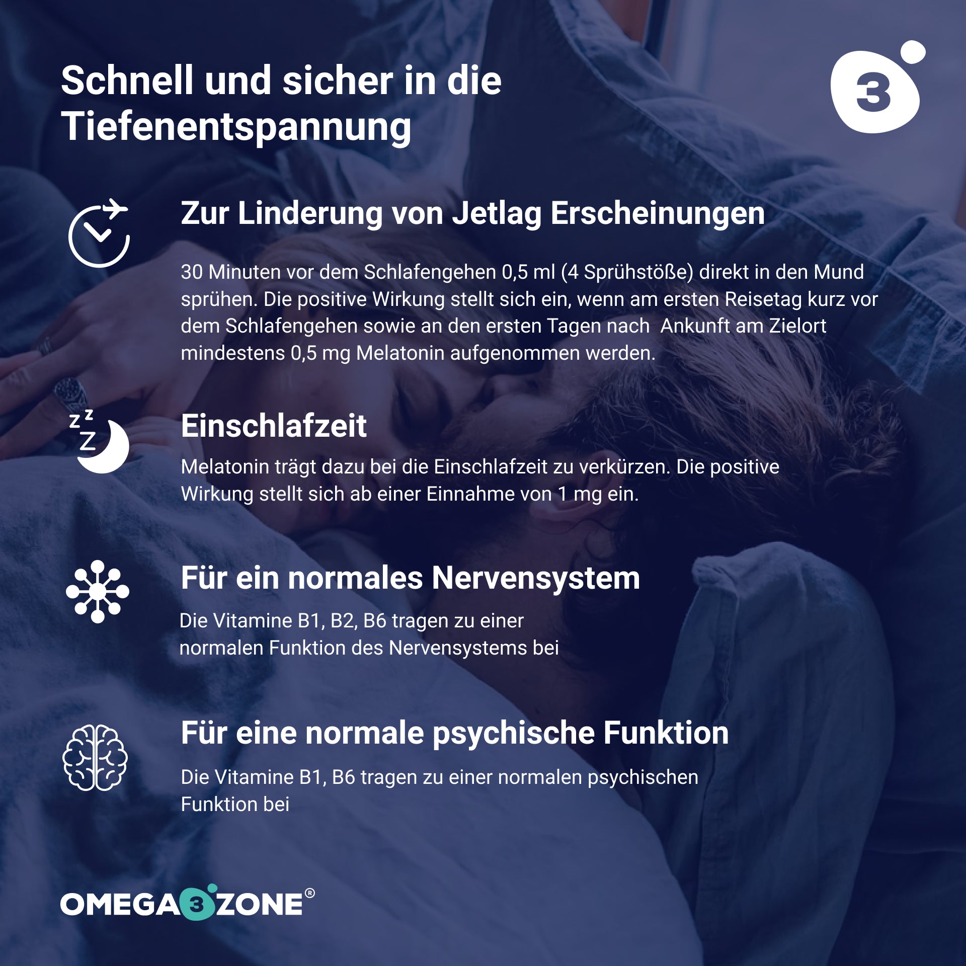 Ein Bild einer Frau, die im Bett schläft, mit Schwerpunkt auf der Einnahme ihres Omega3Zone-Monatspakets.