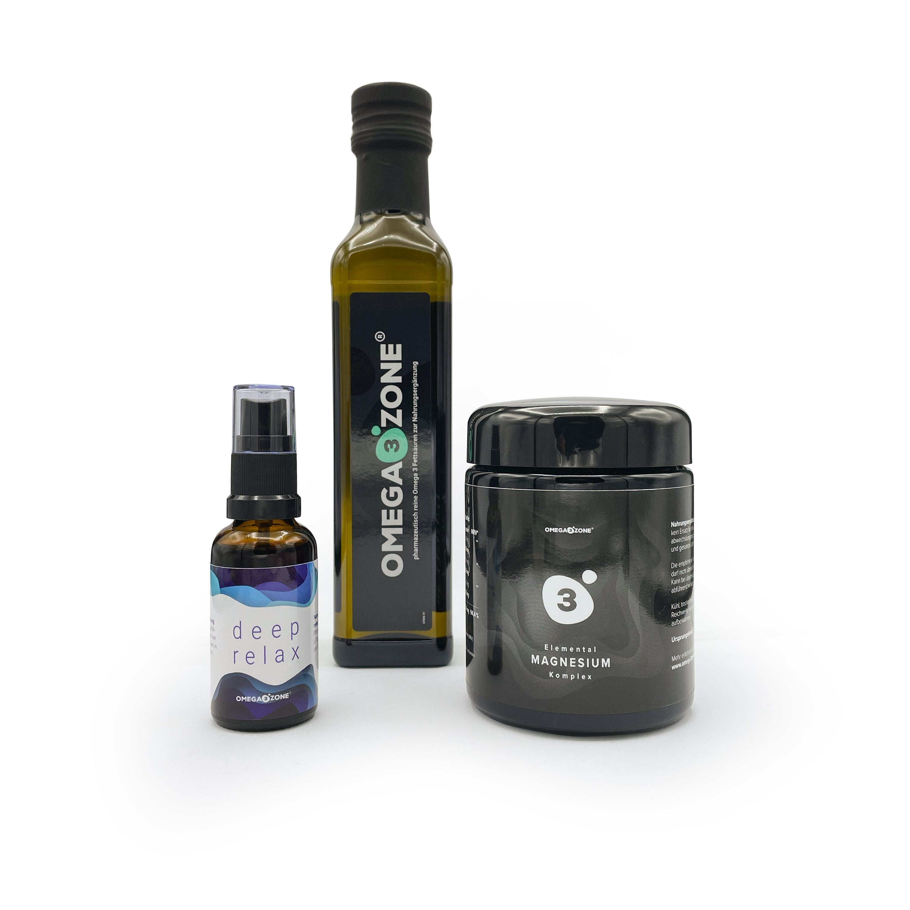 Ein Omega3Zone Monats-Paket mit Ölflaschen, perfekte Nahrungsergänzungsmittel für den täglichen Gebrauch.