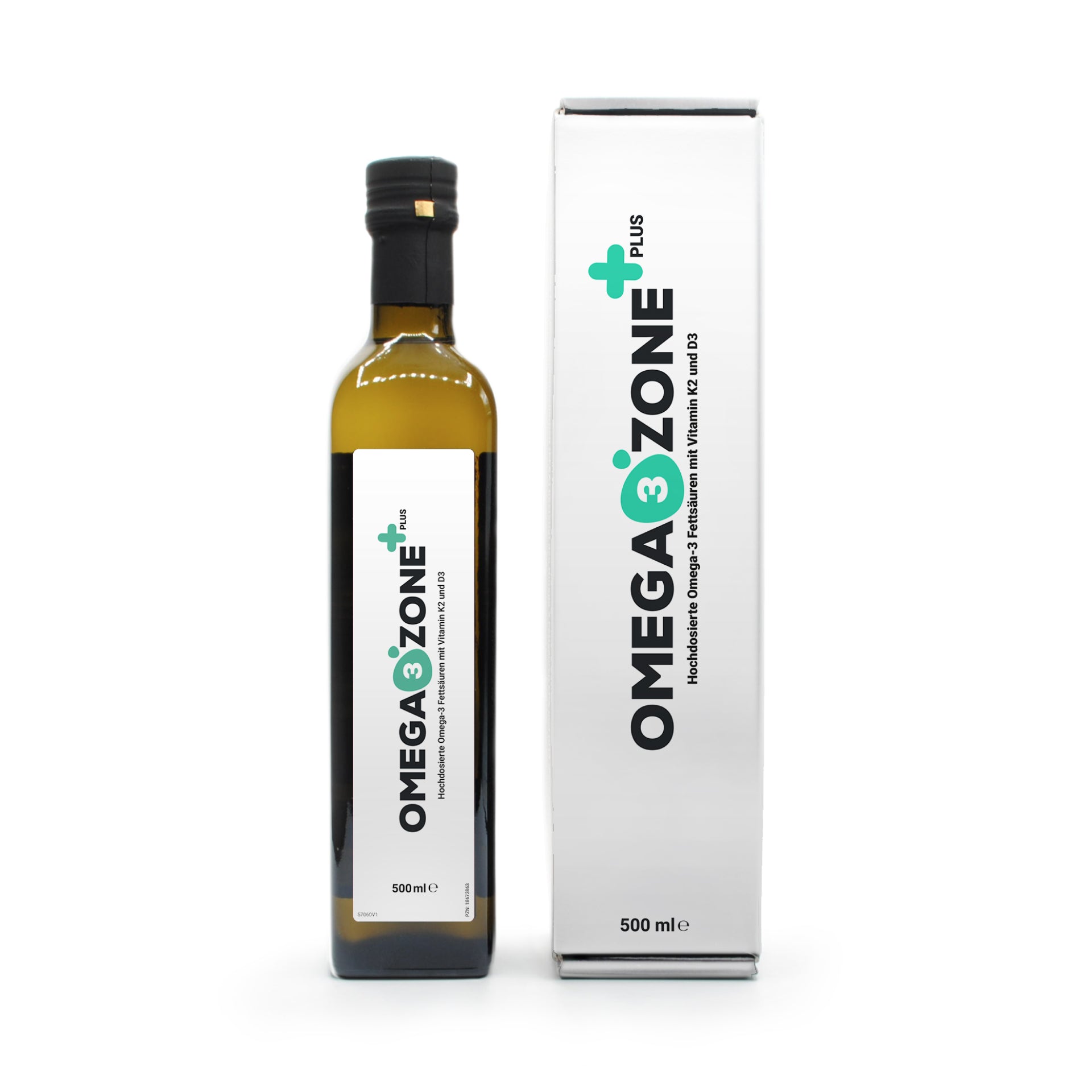 Eine Flasche Omega3zone PLUS-Öl neben einer Schachtel.