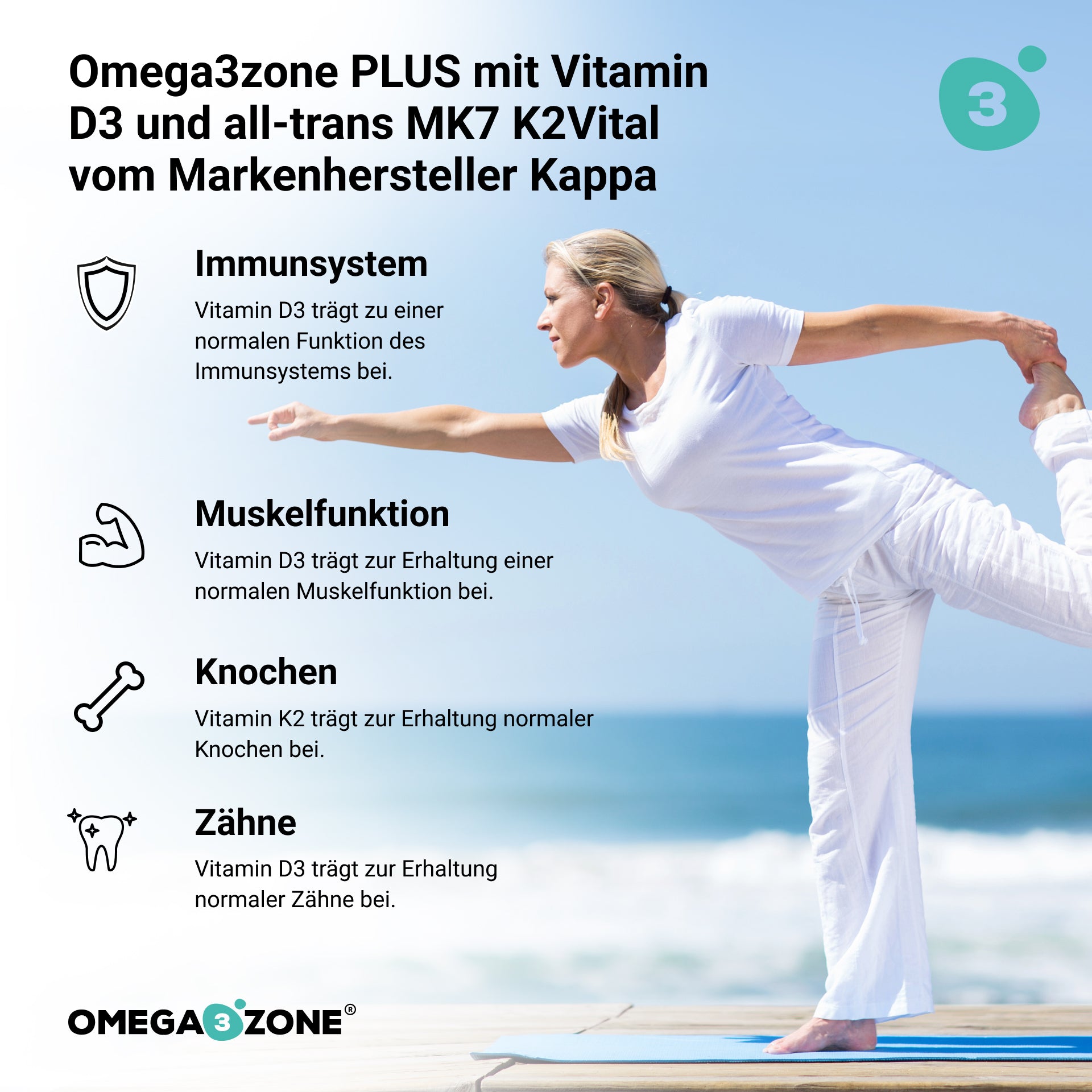 Eine Frau, die sich am Strand dehnt, um Omega3zone PLUS von der Omega3zone GmbH aufzunehmen.