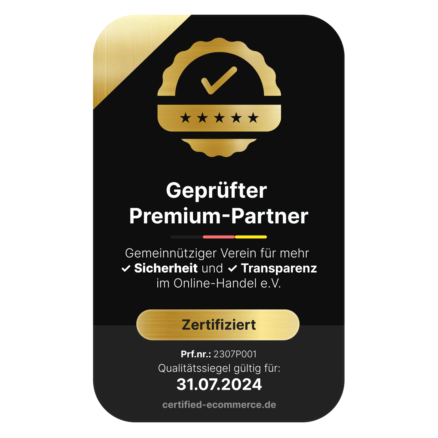 Ein gold-schwarzes Logo mit der Aufschrift "Geprüfter Premium Partner".