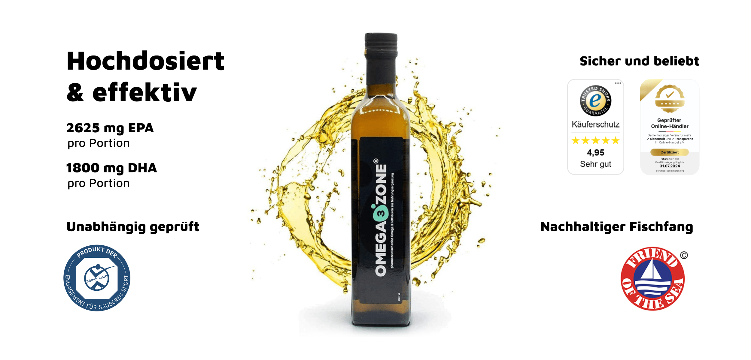 Eine Flasche Omega 3 Öl von omega3zone mit einem Etikett mit der Aufschrift „Hochdosiert und Effektiv"