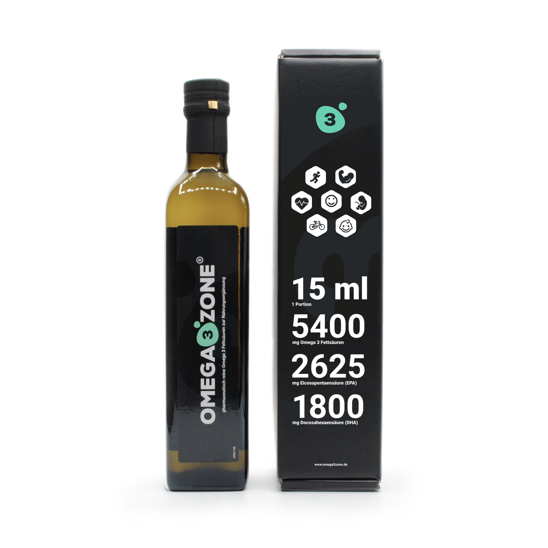 Eine Flasche Olivenöl neben einer Schachtel mit Nahrungsergänzungsmitteln des Omega3Zone Monats-Pakets.